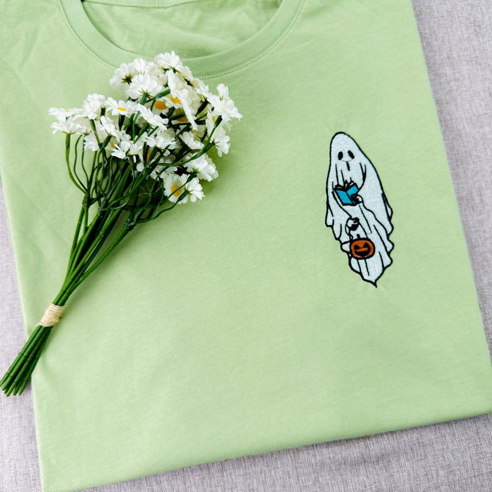 Embroidered  ghost Reading book Sweatshirt, Halloween Sweatshirt