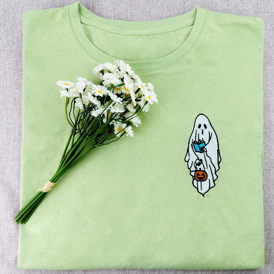 Embroidered  ghost Reading book Sweatshirt, Halloween Sweatshirt