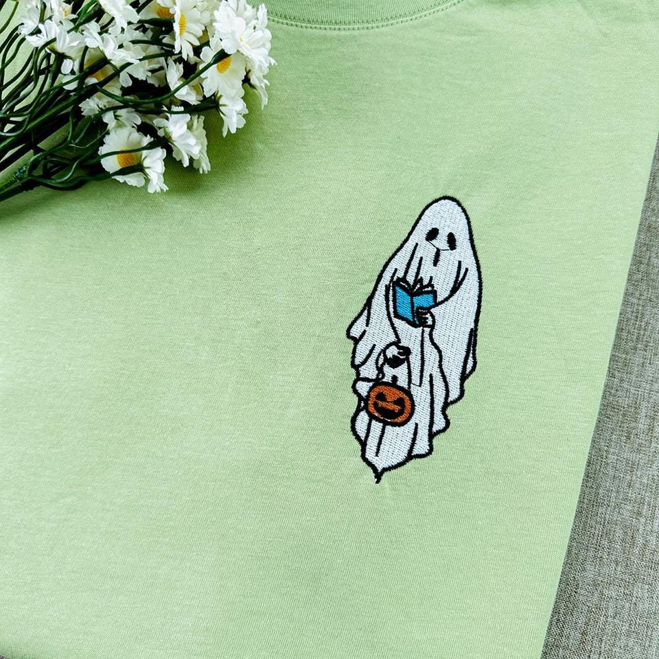Embroidered  ghost Reading book Sweatshirt, Halloween Sweatshirt