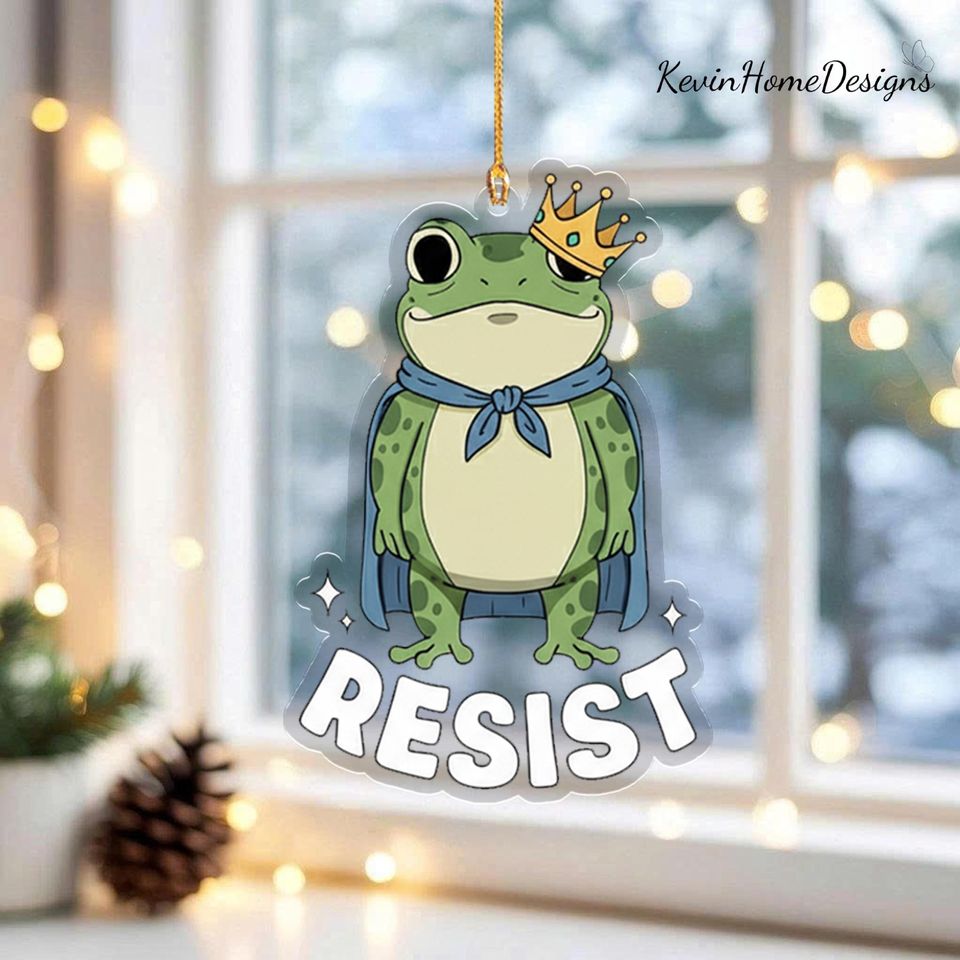 Resist Frog Ornament: Acrylic, Crown Design, 2025