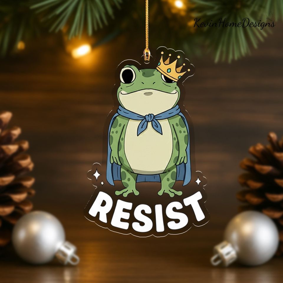 Resist Frog Ornament: Acrylic, Crown Design, 2025