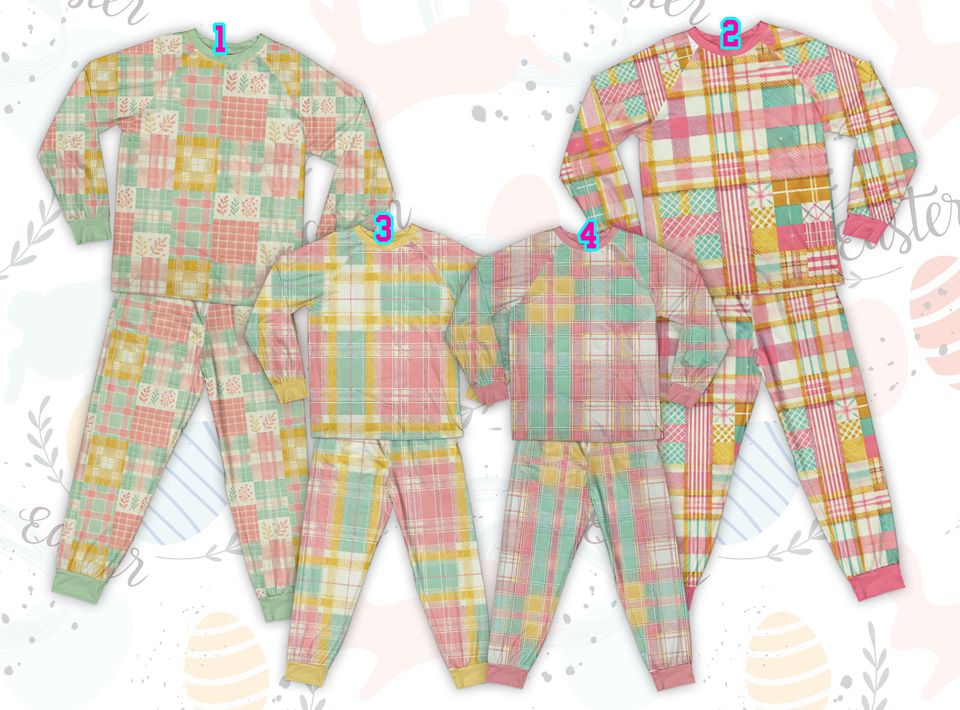 Pastel Plaid Happy Easter Pajama Sets, Springtime Holiday Pajamas, Easter PJs