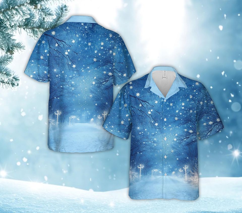 Magical Blue Winter Hawaiian Shirt with Snowflake Patterns, Festive Holiday