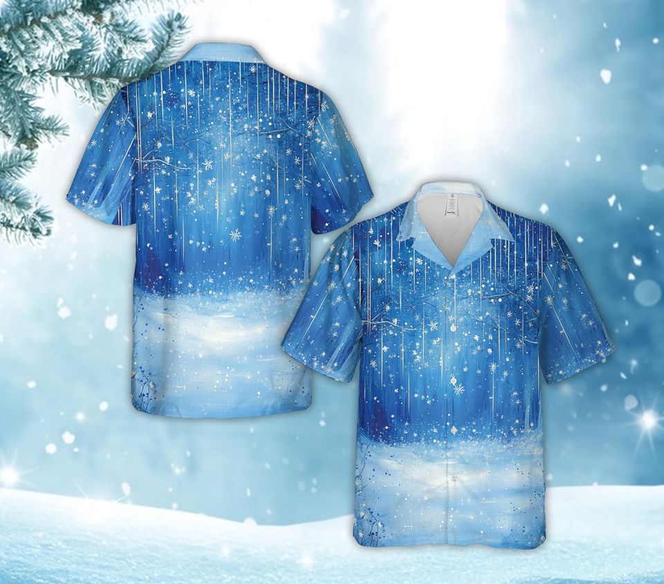 Magical Blue Winter Hawaiian Shirt with Snowflake Patterns, Festive Holiday