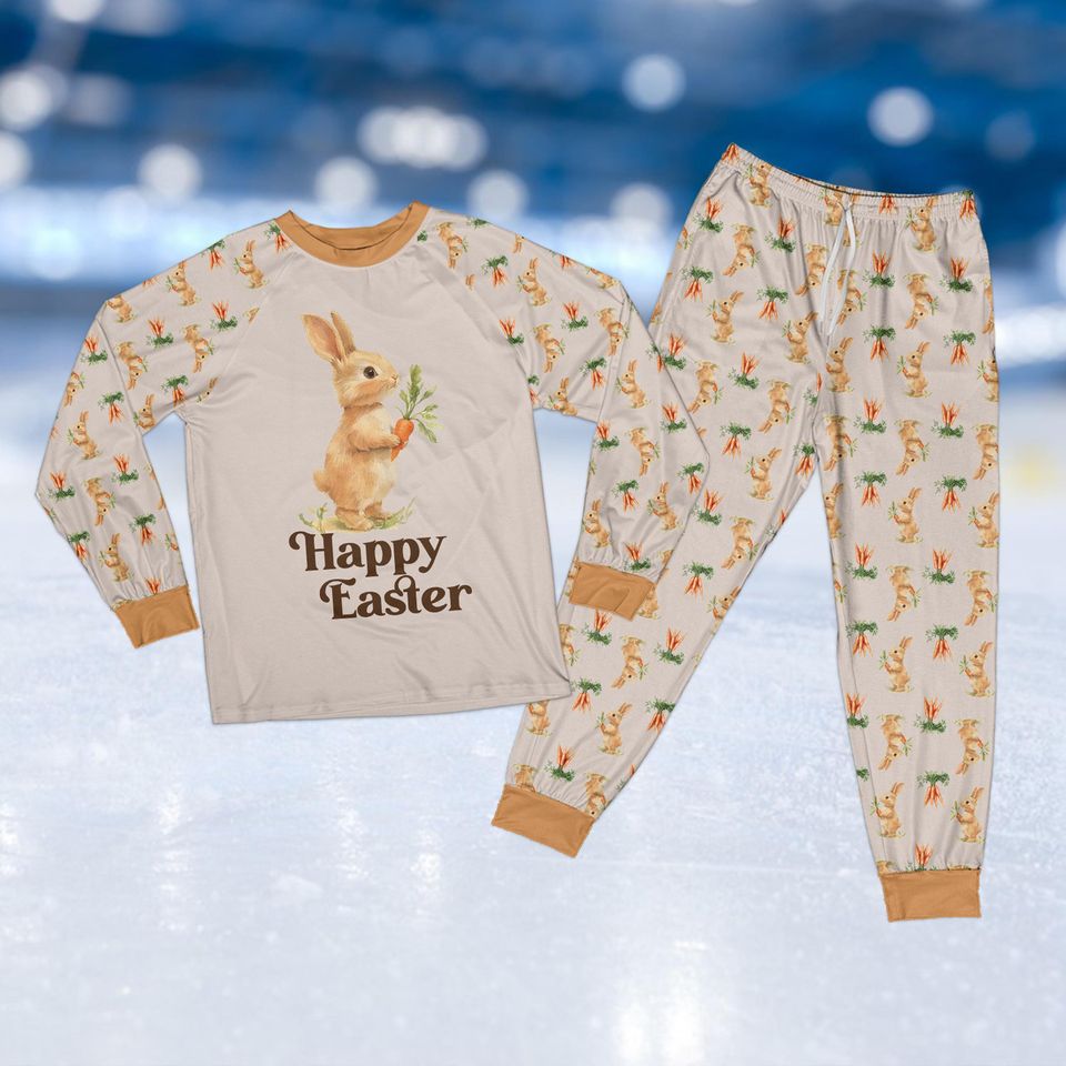 Happy Easter Bunny & Carrot Pajama Sets, Springtime Easter Pajamas For Family, Easter Rabbit Holiday Pajamas