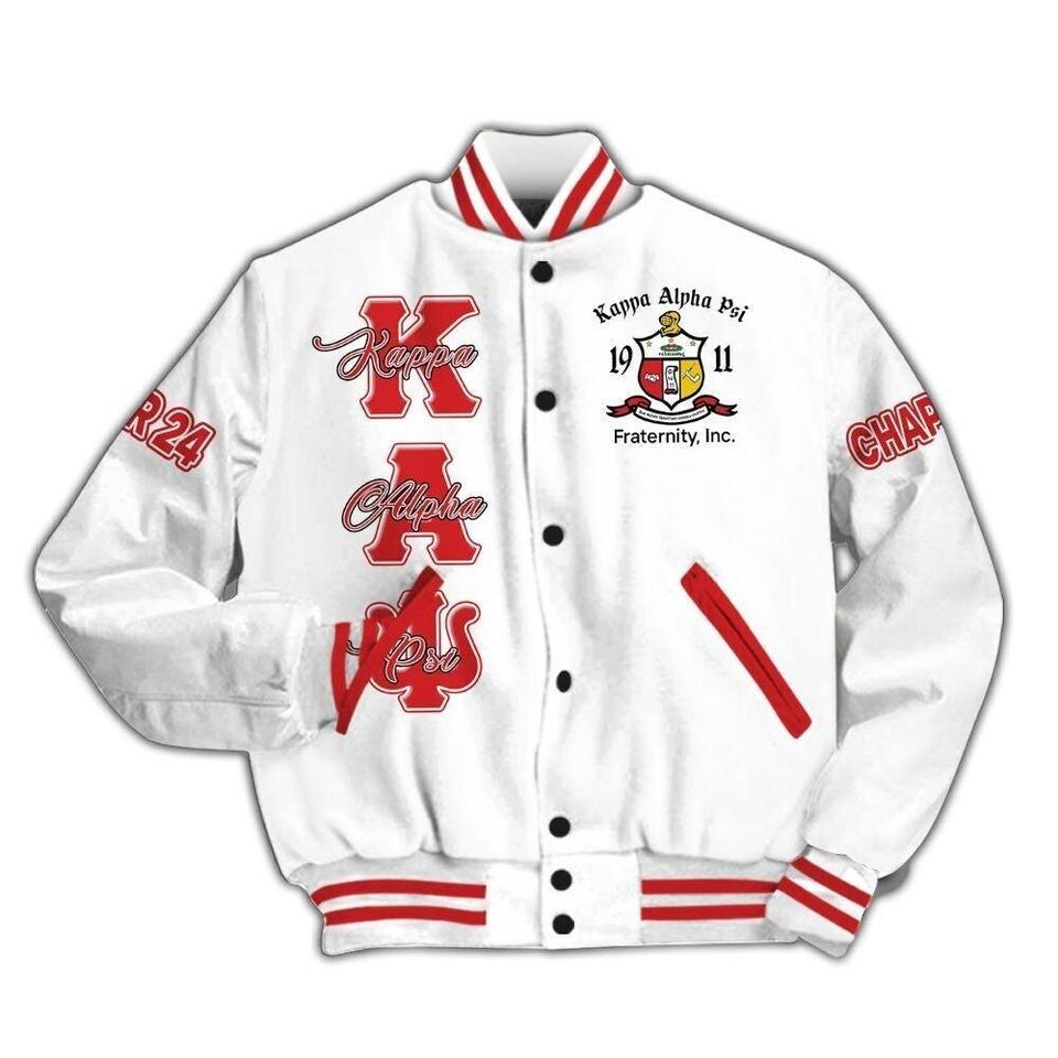 Ireishprint Custom Printed Chapter KAP Varsity Jacket, Personalized White Fraternity Jackets
