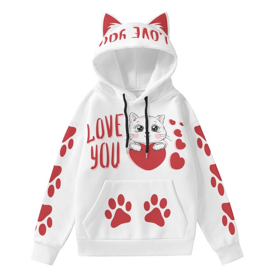 Kawaii Cat Hoodie: White Pullover with Red Paw Prints & Ears