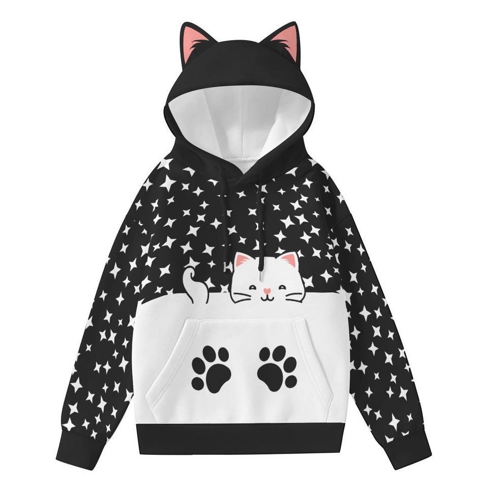 Kawaii Cat Ear Hoodie: Star Print Pullover with Paw Pocket