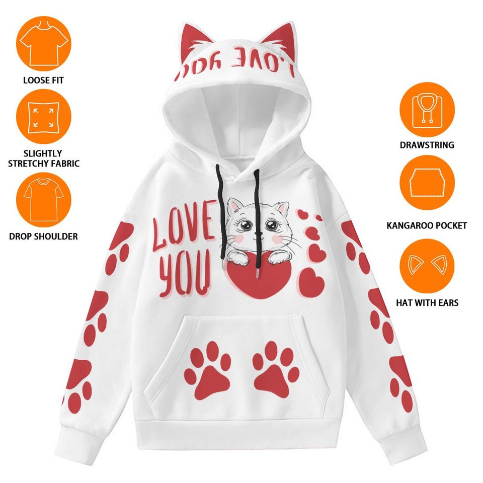 Kawaii Cat Hoodie: White Pullover with Red Paw Prints & Ears