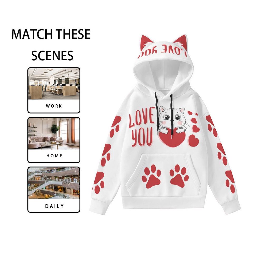 Kawaii Cat Hoodie: White Pullover with Red Paw Prints & Ears