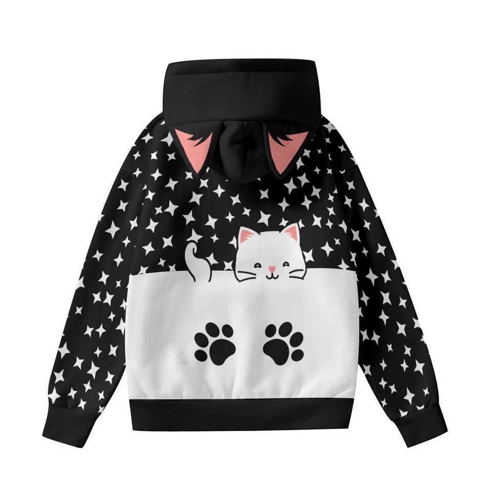 Kawaii Cat Ear Hoodie: Star Print Pullover with Paw Pocket
