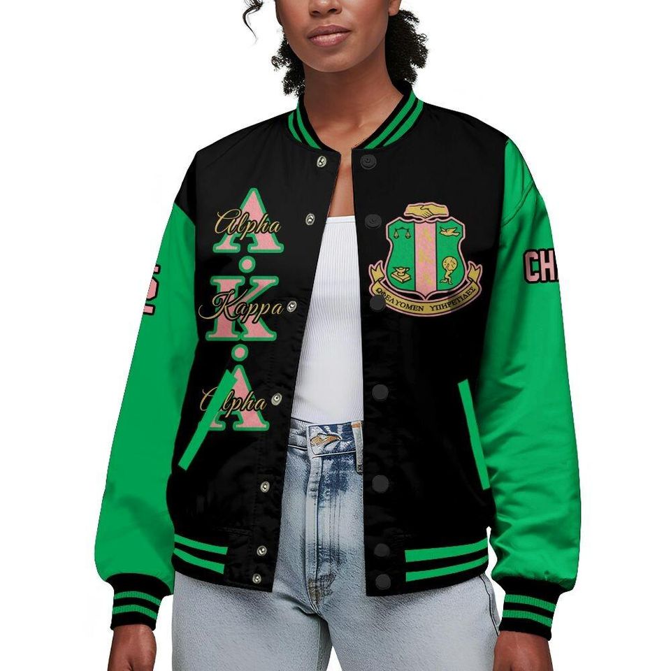 Alpha Kappa Alpha Varsity Jacket, Custom Chapter, Personalized Black Mix Apple Green Varsity Jacket 1908 Sorority, Alpha Kappa Alpha Apparel