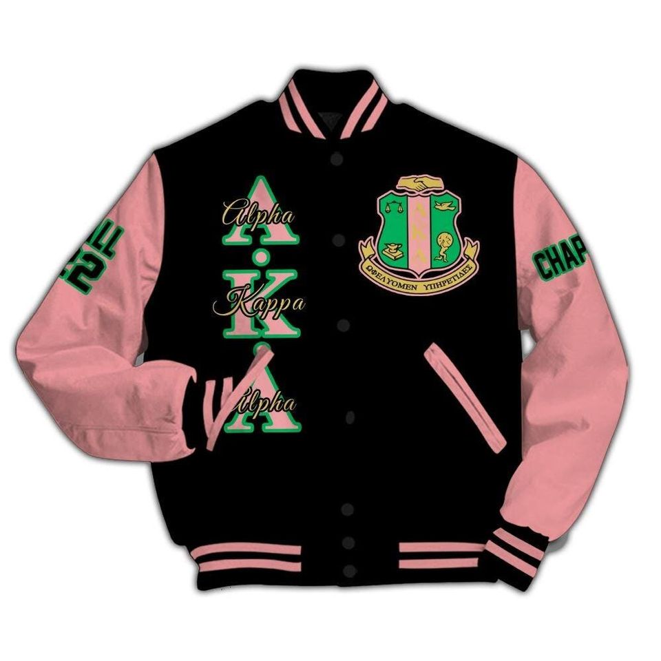 Alpha Kappa Alpha Custom Chapter Varsity Jacket, Personalized Black Mix Salmon Pink Varsity Jacket 1908 Sorority, Custom Chapter Apparel