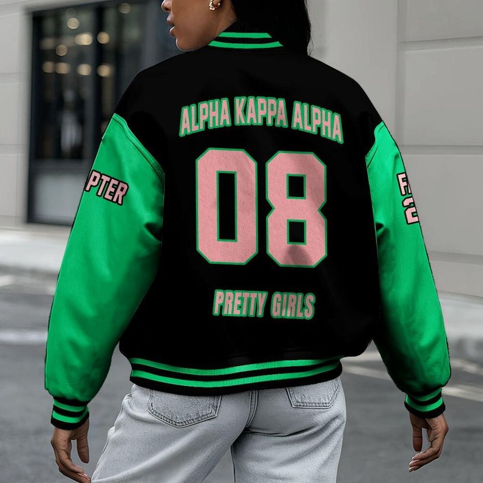 Alpha Kappa Alpha Varsity Jacket, Custom Chapter, Personalized Black Mix Apple Green Varsity Jacket 1908 Sorority, Alpha Kappa Alpha Apparel