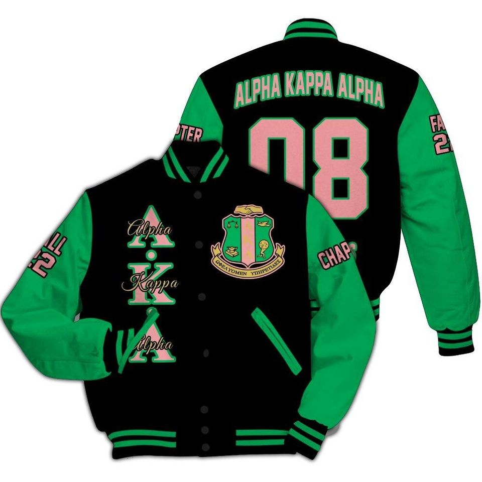 Alpha Kappa Alpha Varsity Jacket, Custom Chapter, Personalized Black Mix Apple Green Varsity Jacket 1908 Sorority, Alpha Kappa Alpha Apparel