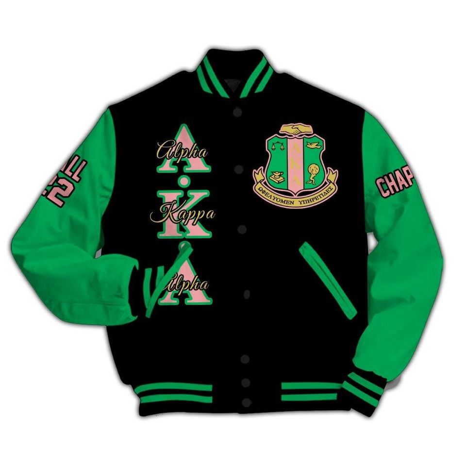 Alpha Kappa Alpha Varsity Jacket, Custom Chapter, Personalized Black Mix Apple Green Varsity Jacket 1908 Sorority, Alpha Kappa Alpha Apparel