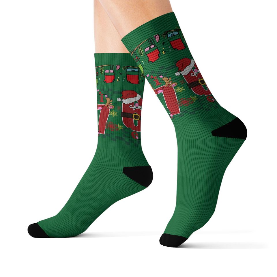 67 Santa Claus Pattern Socks | Green Christmas Holiday Crew Socks