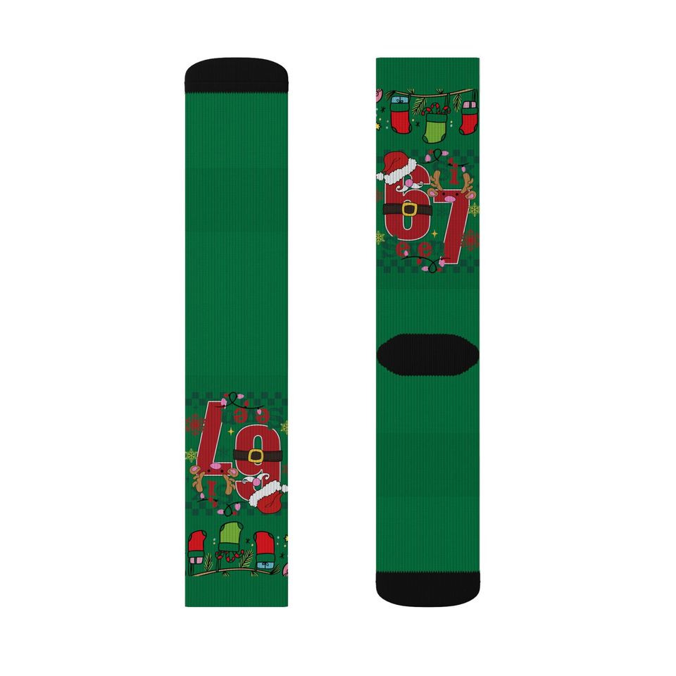 67 Santa Claus Pattern Socks | Green Christmas Holiday Crew Socks