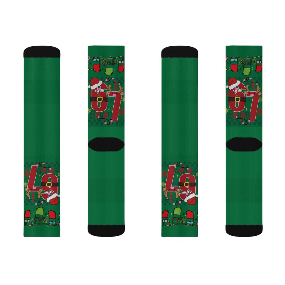 67 Santa Claus Pattern Socks | Green Christmas Holiday Crew Socks