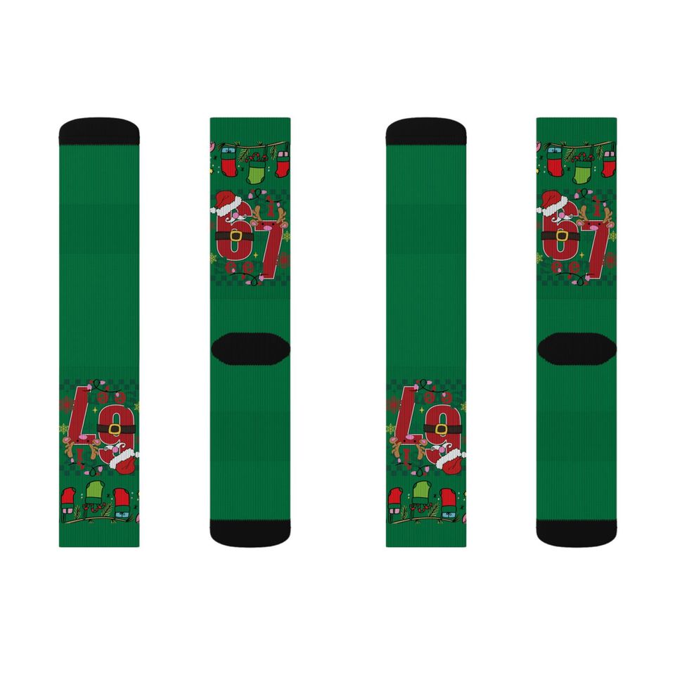 67 Santa Claus Pattern Socks | Green Christmas Holiday Crew Socks