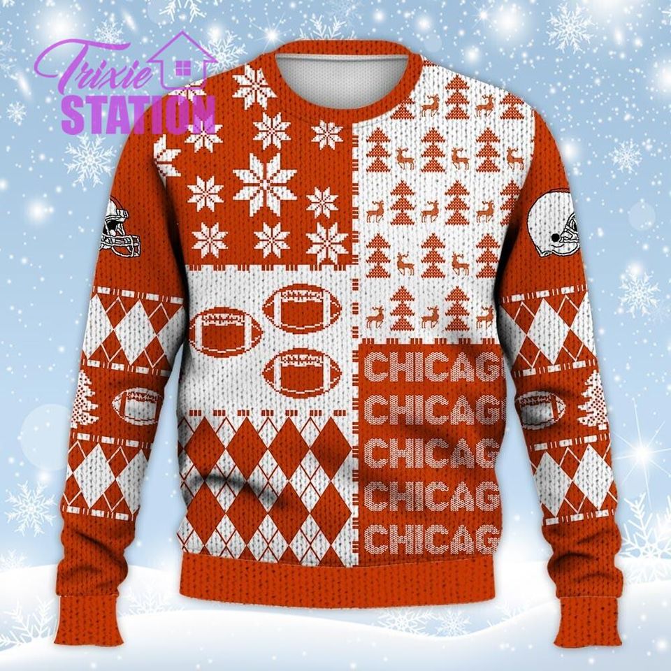 Chicago Ugly Sweater Christmas, Retro Football American Sweatshirt Pattern 3D Hoodie, Shirt Xmas Full Print