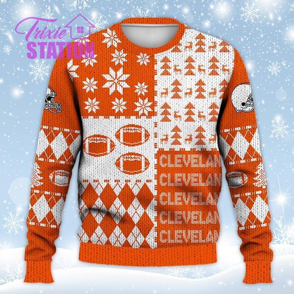 Cleveland Ugly Sweater Christmas, Retro Football American Sweatshirt Pattern 3D Hoodie, Shirt Xmas Full Print