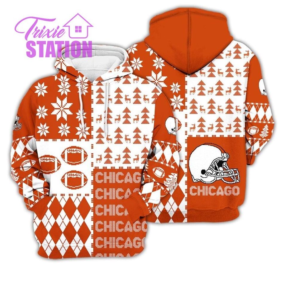 Chicago Ugly Sweater Christmas, Retro Football American Sweatshirt Pattern 3D Hoodie, Shirt Xmas Full Print