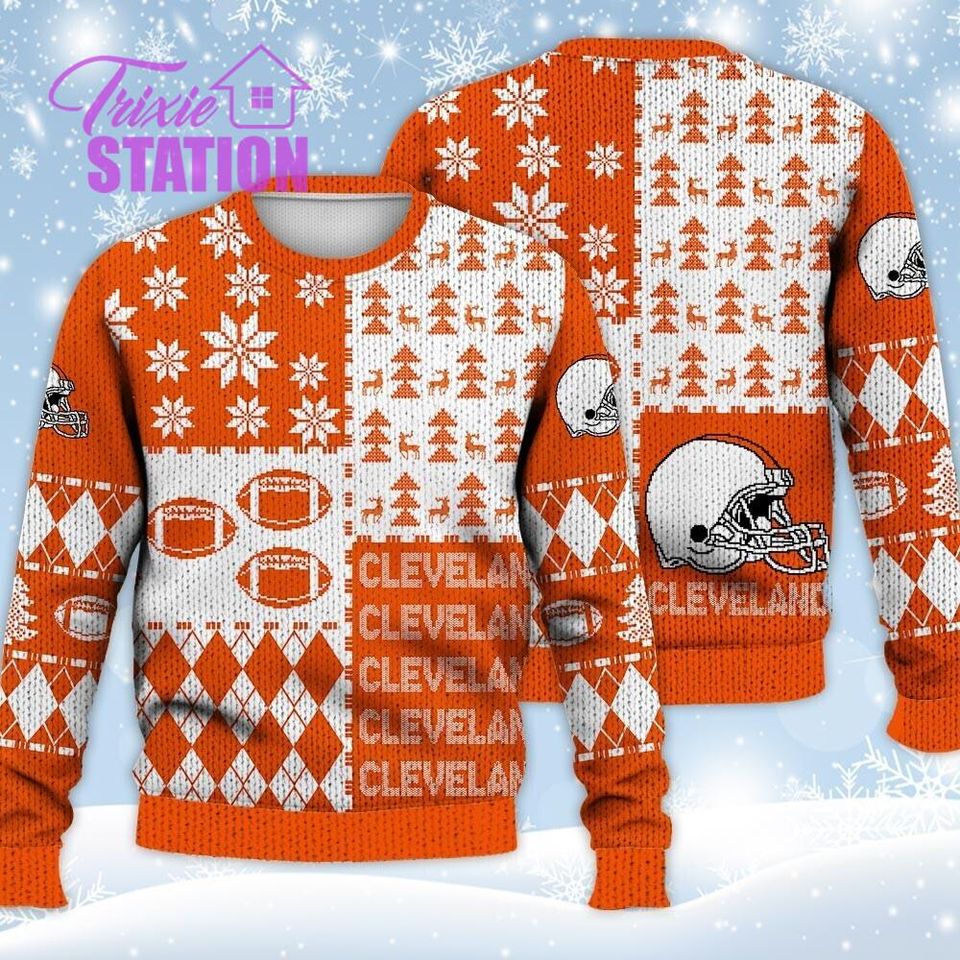 Cleveland Ugly Sweater Christmas, Retro Football American Sweatshirt Pattern 3D Hoodie, Shirt Xmas Full Print