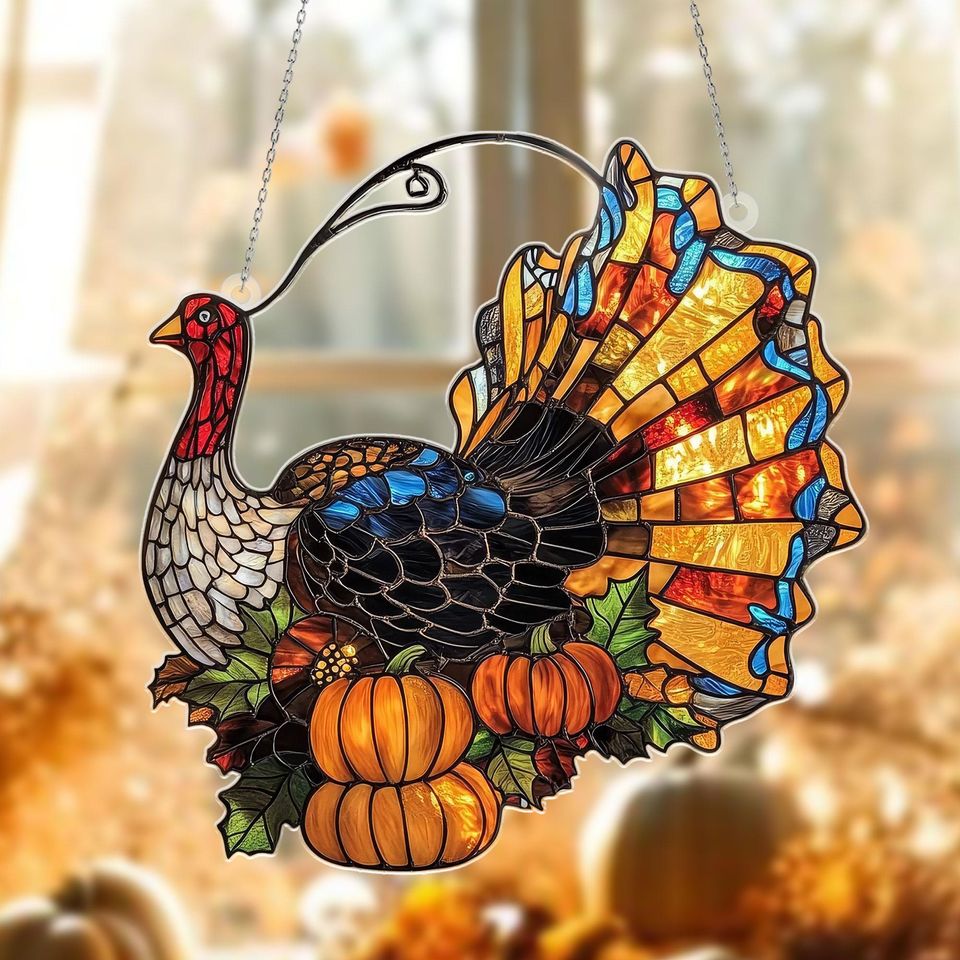 Thanksgiving Turkey Suncatcher: Acrylic Fall Window Hanging with Pumpkins