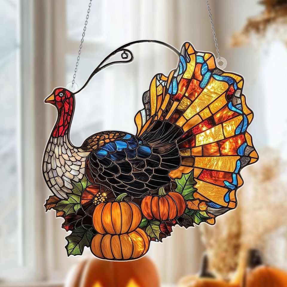 Thanksgiving Turkey Suncatcher: Acrylic Fall Window Hanging with Pumpkins