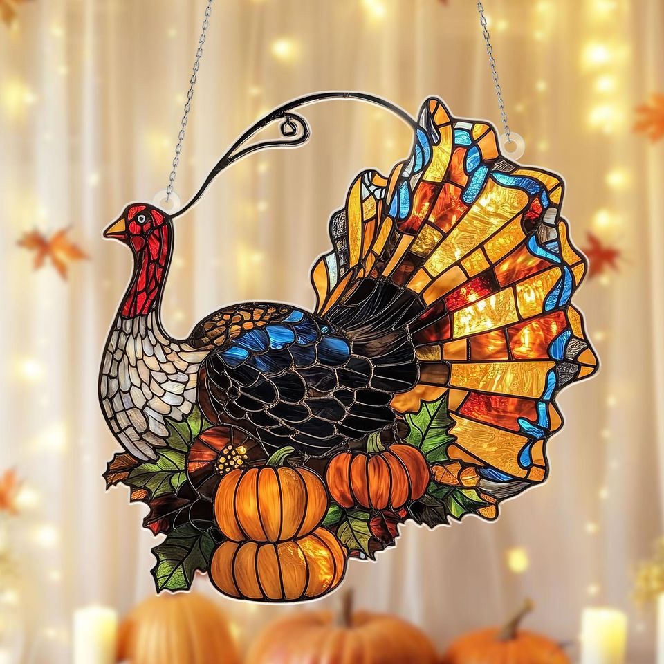 Thanksgiving Turkey Suncatcher: Acrylic Fall Window Hanging with Pumpkins