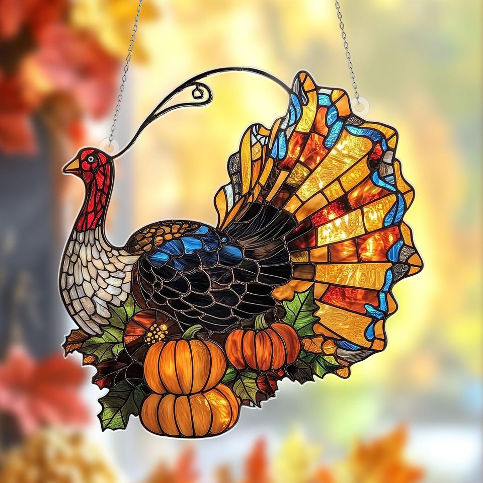 Thanksgiving Turkey Suncatcher: Acrylic Fall Window Hanging with Pumpkins