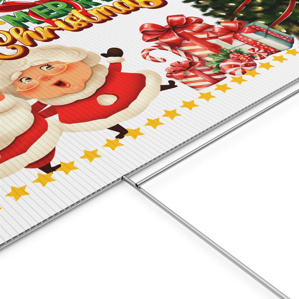 Merry Christmas Yard Sign with Santa & Mrs. Claus - Christmas Tree and Gifts Double-Sided Holiday Yard Decoration with Aluminum Stakes