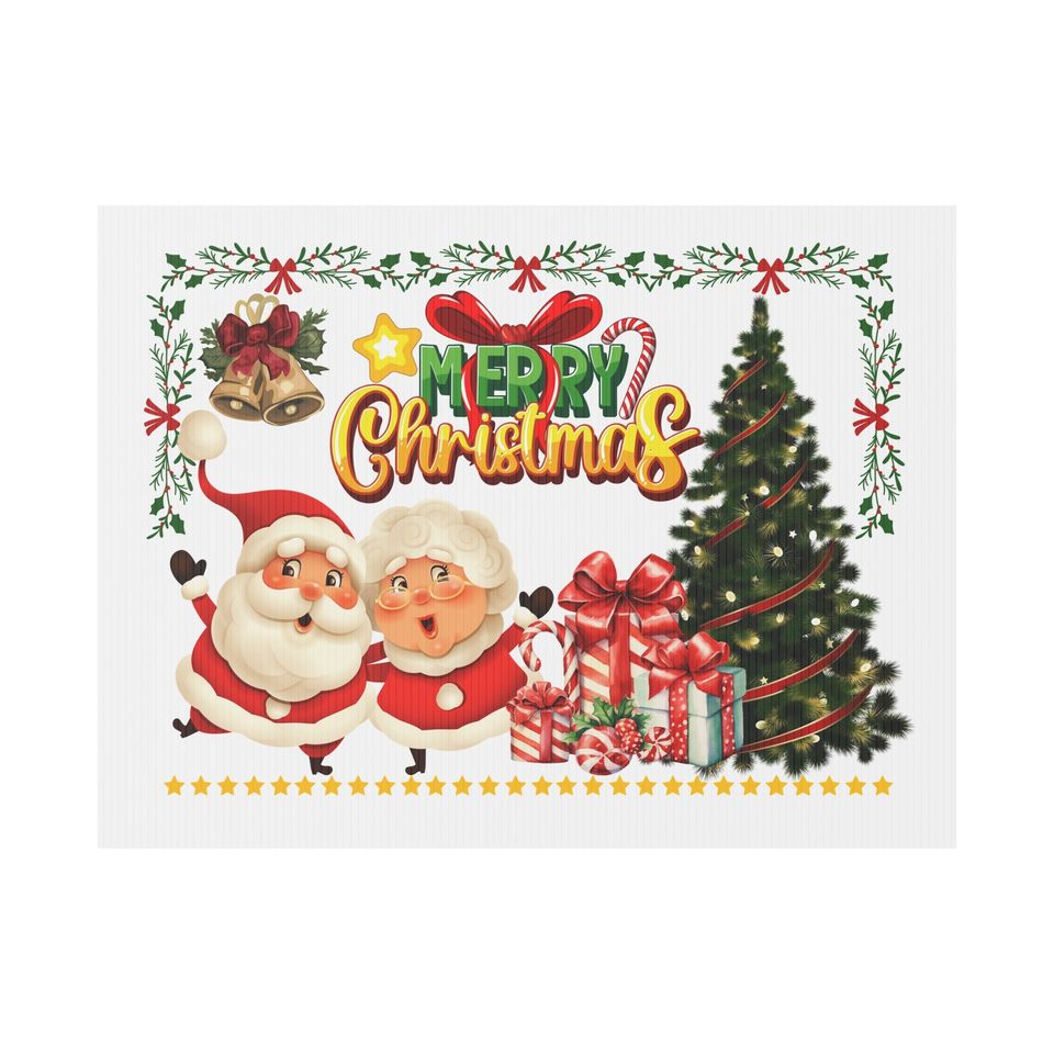 Merry Christmas Yard Sign with Santa & Mrs. Claus - Christmas Tree and Gifts Double-Sided Holiday Yard Decoration with Aluminum Stakes