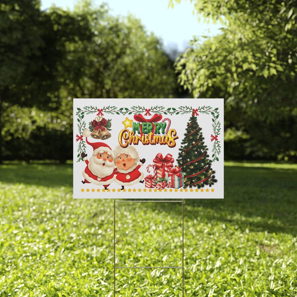 Merry Christmas Yard Sign with Santa & Mrs. Claus - Christmas Tree and Gifts Double-Sided Holiday Yard Decoration with Aluminum Stakes