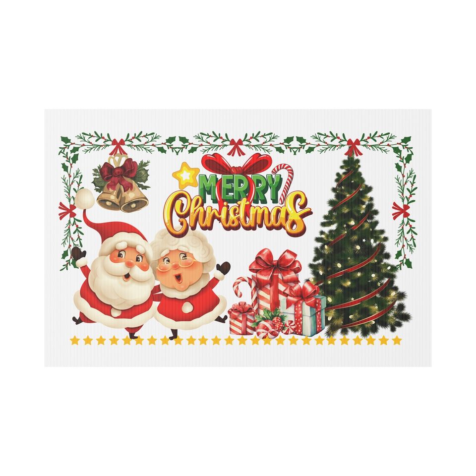 Merry Christmas Yard Sign with Santa & Mrs. Claus - Christmas Tree and Gifts Double-Sided Holiday Yard Decoration with Aluminum Stakes