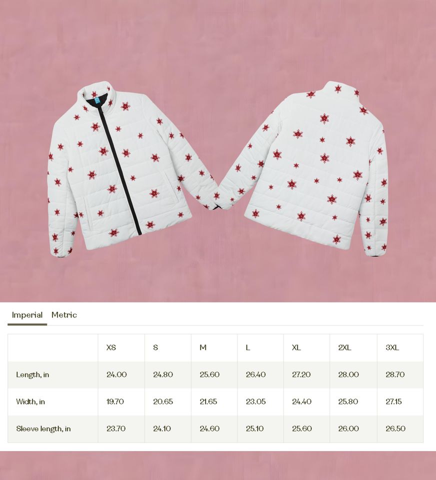 Woman Puffer Jacket with Snowflake and Chrismas Flower