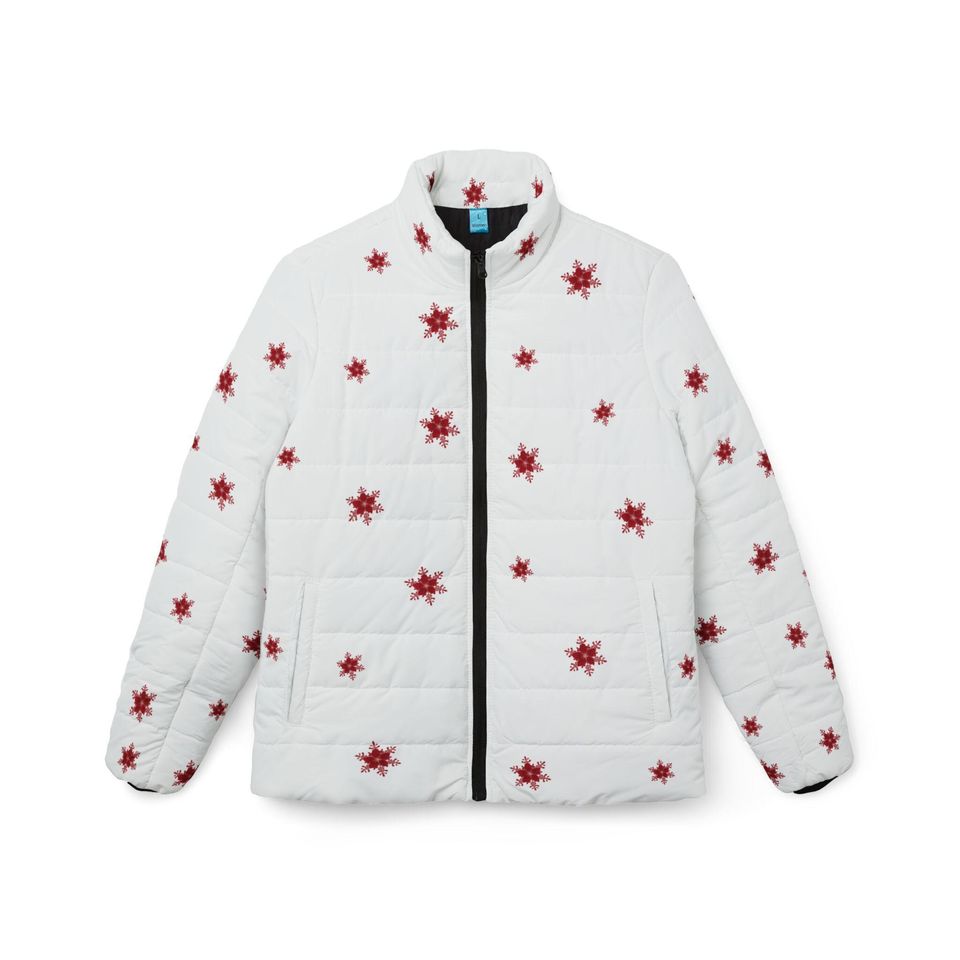 Woman Puffer Jacket with Snowflake and Chrismas Flower