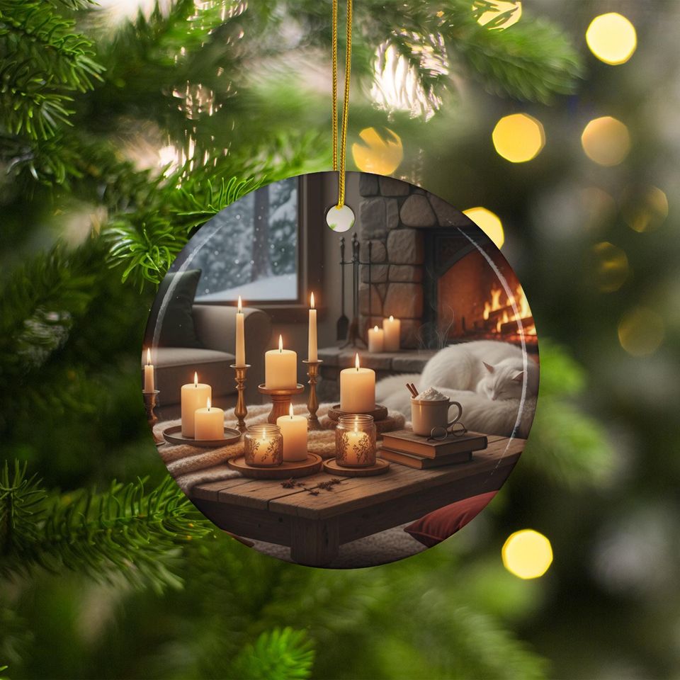 Cozy Winter Cabin Ornament: Fireplace, Sleeping Cat, Candlelight (Ceramic)