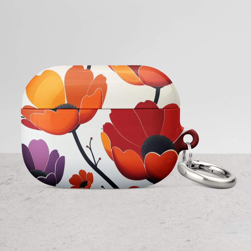Floral Design AirPods Case, Protective AirPods Cover, Impact Absorbing AirPods Case with Carabiner, Wireless Charging Compatible