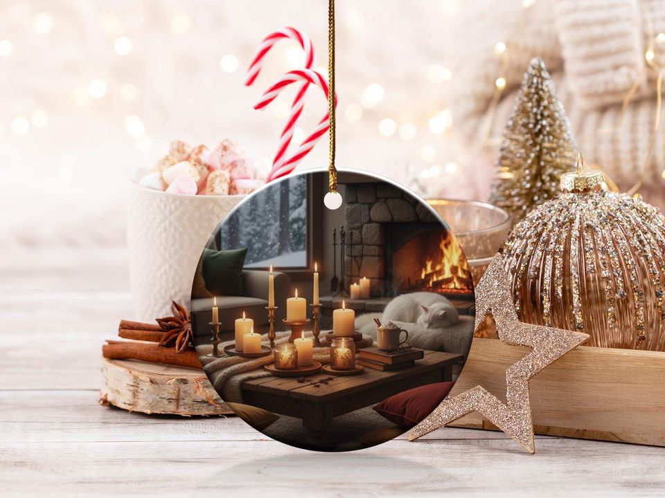 Cozy Winter Cabin Ornament: Fireplace, Sleeping Cat, Candlelight (Ceramic)