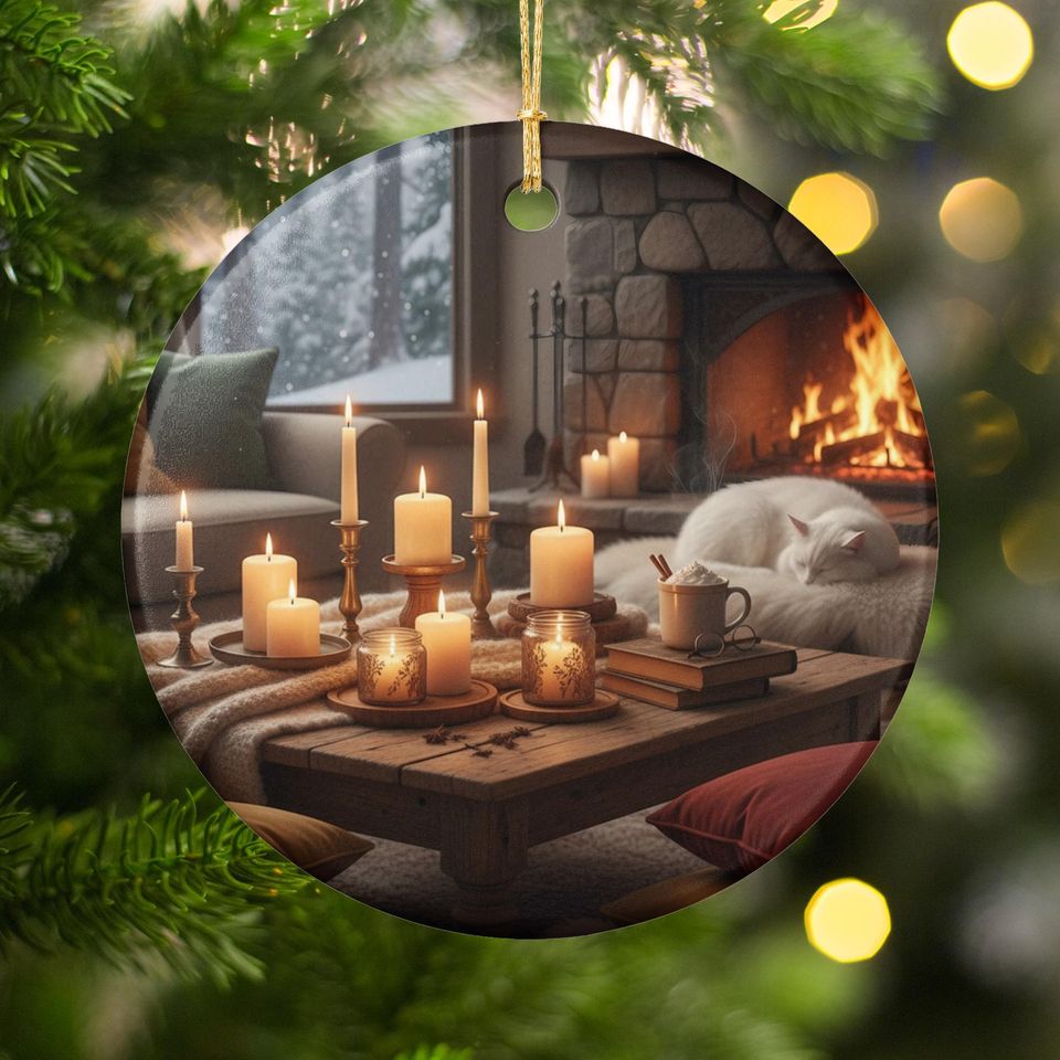 Cozy Winter Cabin Ornament: Fireplace, Sleeping Cat, Candlelight (Ceramic)