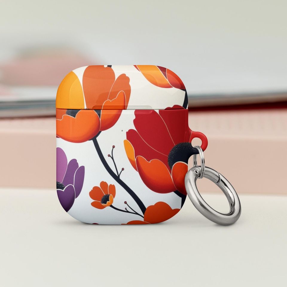 Floral Design AirPods Case, Protective AirPods Cover, Impact Absorbing AirPods Case with Carabiner, Wireless Charging Compatible