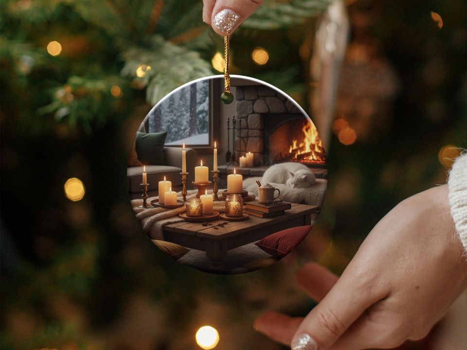 Cozy Winter Cabin Ornament: Fireplace, Sleeping Cat, Candlelight (Ceramic)