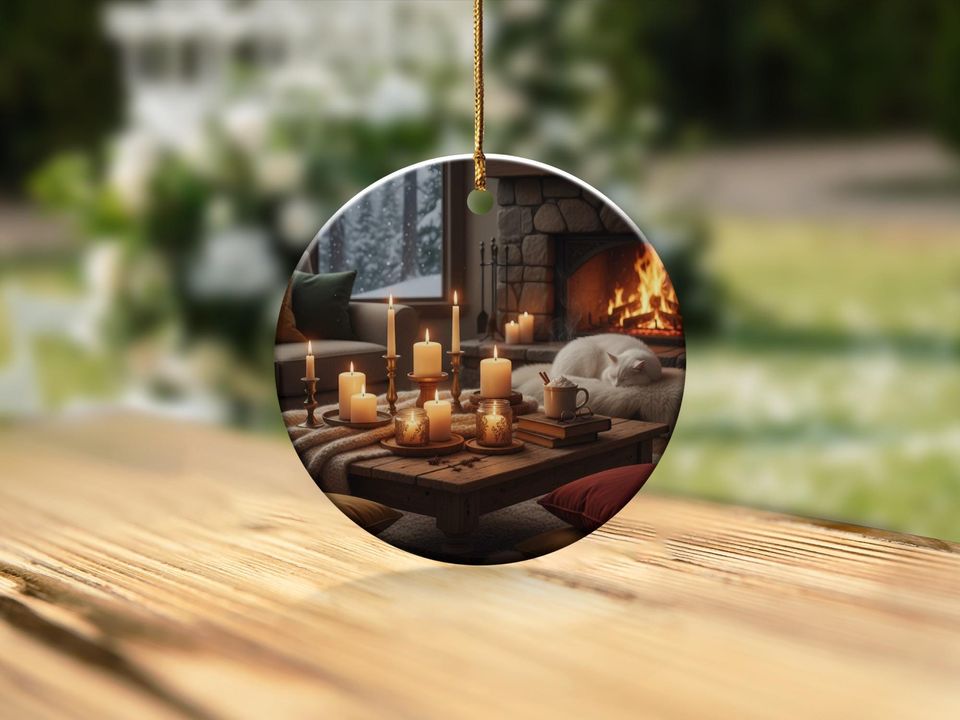 Cozy Winter Cabin Ornament: Fireplace, Sleeping Cat, Candlelight (Ceramic)
