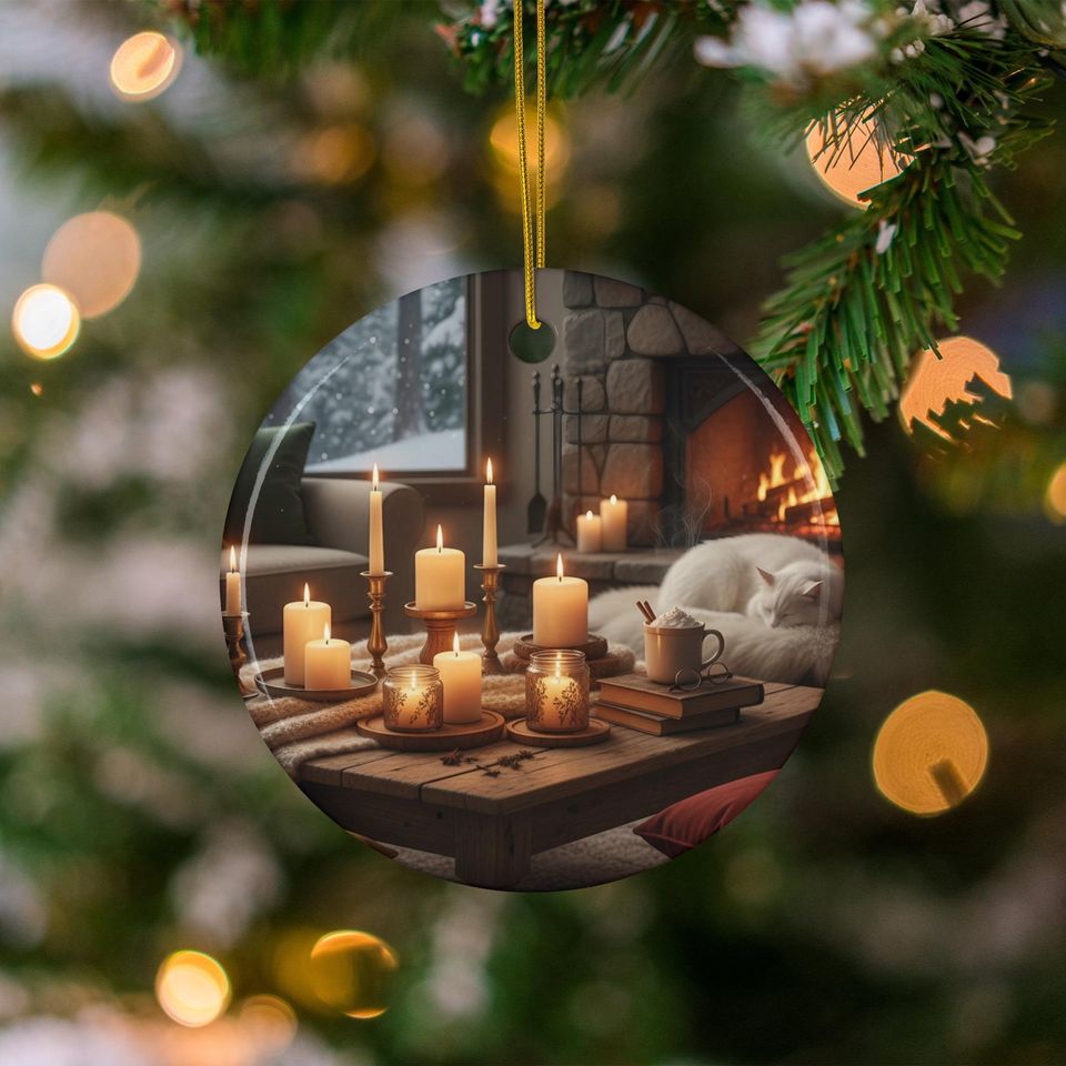 Cozy Winter Cabin Ornament: Fireplace, Sleeping Cat, Candlelight (Ceramic)