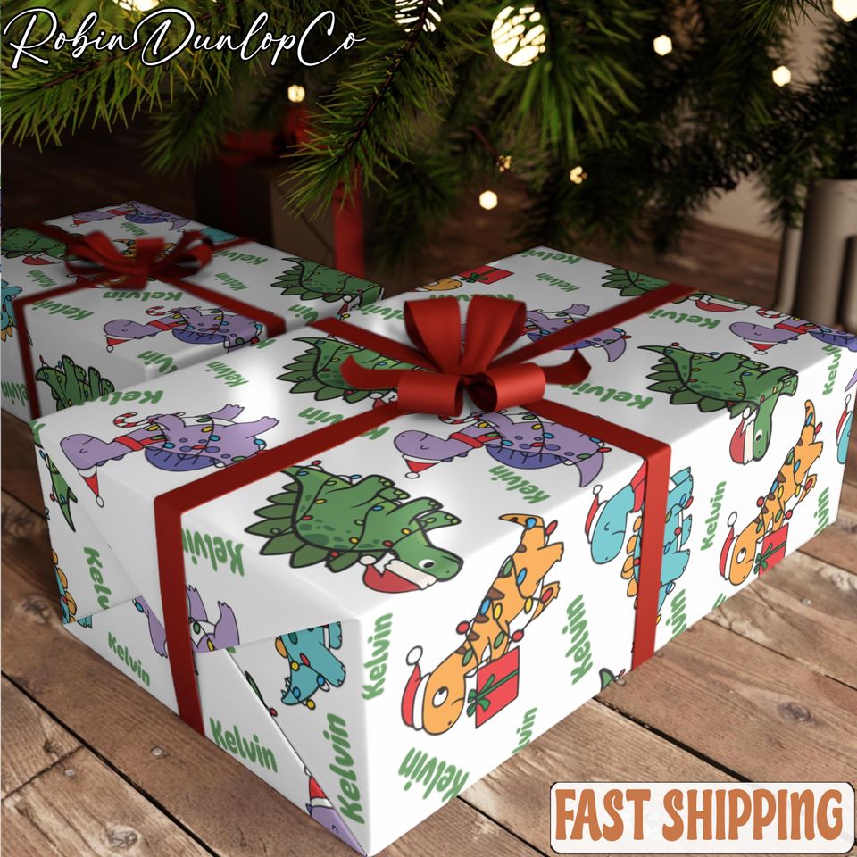 Christmas Dino Personalized Wrapping Paper, Christmas Dino, Personalized Wrapping Paper, Christmas Gift Wrap,Name Gift Wrap,Custom Gift Wrap