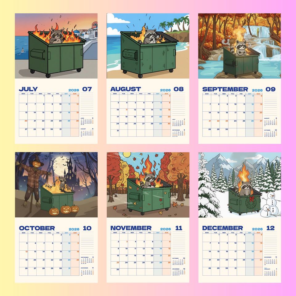 Funny Raccoon Dumpster Fire Calendar 2026, Office Supplies, Home & Living