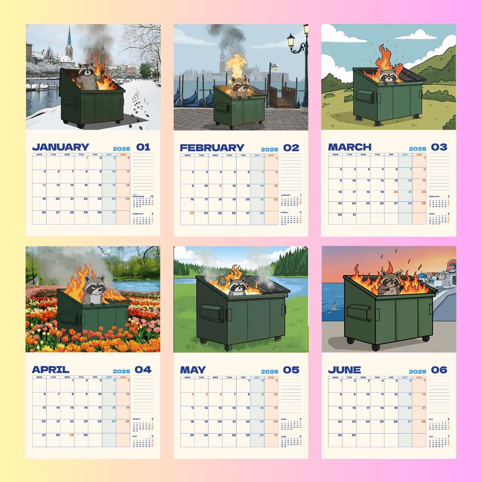 Funny Raccoon Dumpster Fire Calendar 2026, Office Supplies, Home & Living