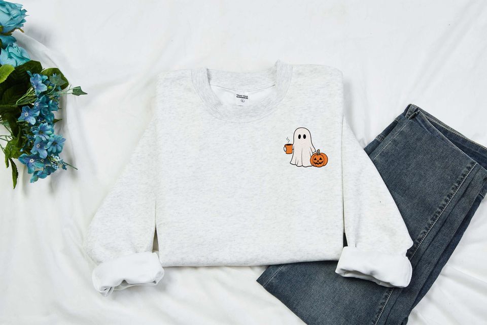 Embroidered Ghost Sweatshirt, Autumn Sweatshirt, Halloween Sweatshirt